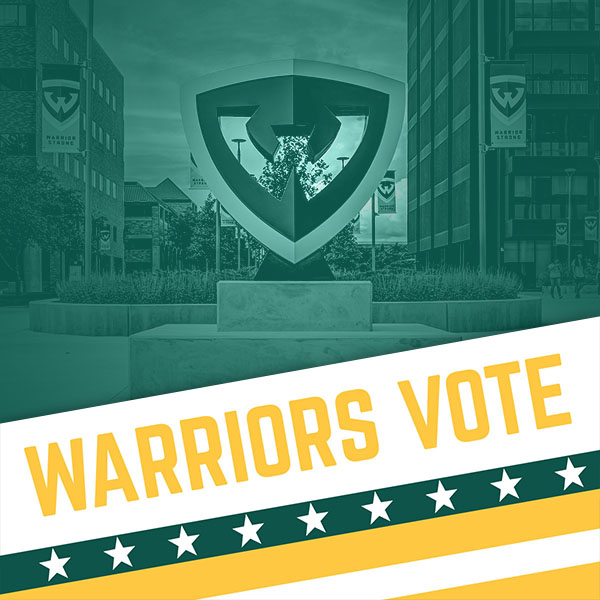 "Warriors Vote" written on a stylized image of Wayne State's logo