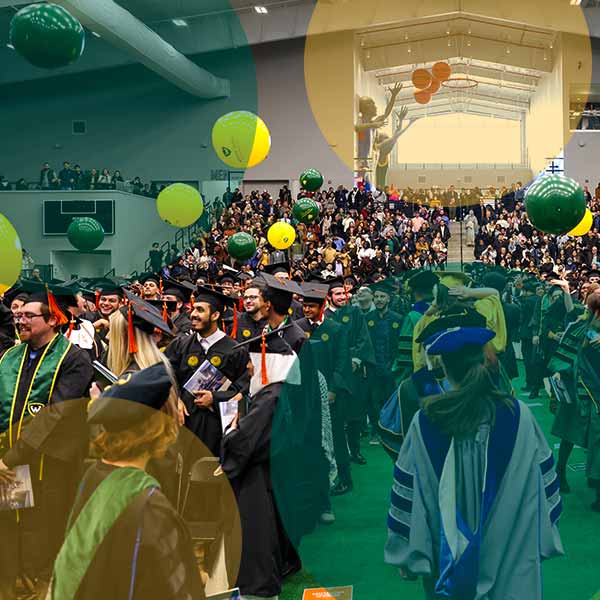 commencement ceremony at Wayne State Fieldhouse with large green and gold beach balls hovering over the graduates and green and gold circle graphics overlays