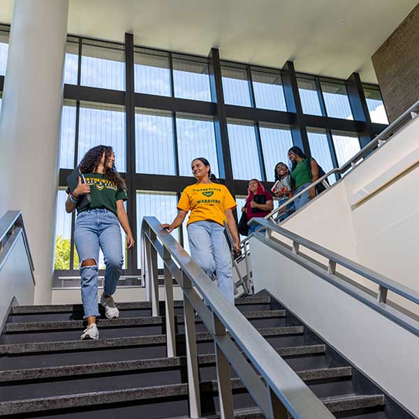Students going down a staircase