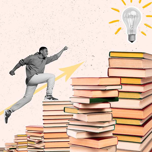 graphic of an African American male student racing up a pile of books with a light bulb at the top