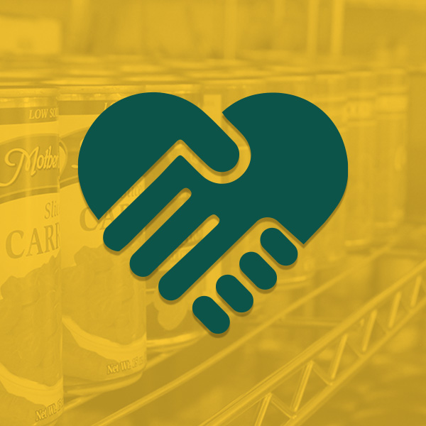 Graphic of two hands forming a heart over a background of canned goods, symbolizing charity or a food donation drive