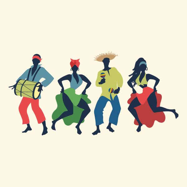 The image is an illustration of four figures dancing and playing music, depicted in bold colors with minimal detail, suggesting a festive cultural event.