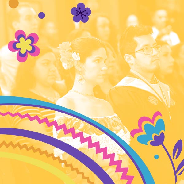 faded image of graduates with stylized graphics of flowers and dots overlayed