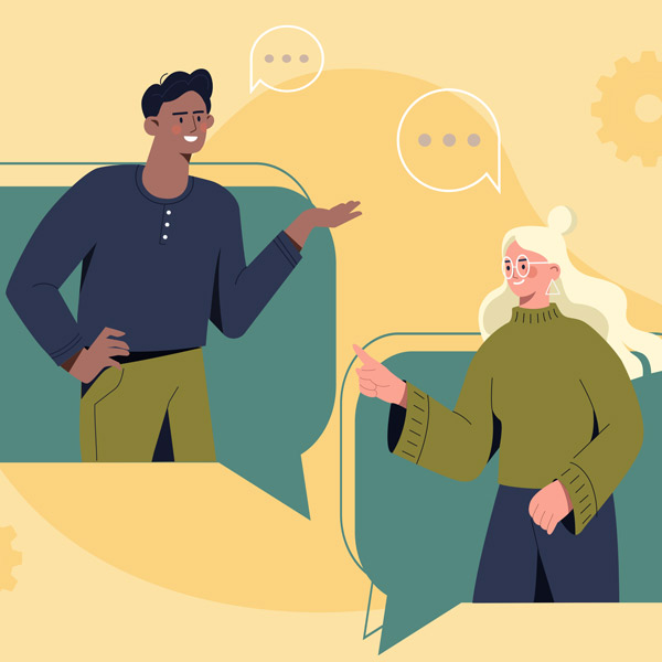 Illustration of a man and woman talking, with speech bubbles and abstract, gear-themed background in muted colors.