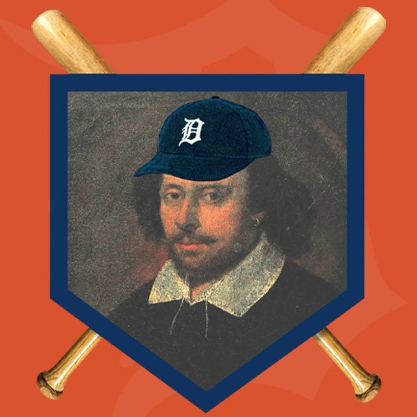 graphic of Shakespeare wearing a Detroit Tigers baseball hat within a home plate shaped frame with 2 baseball bats behind it