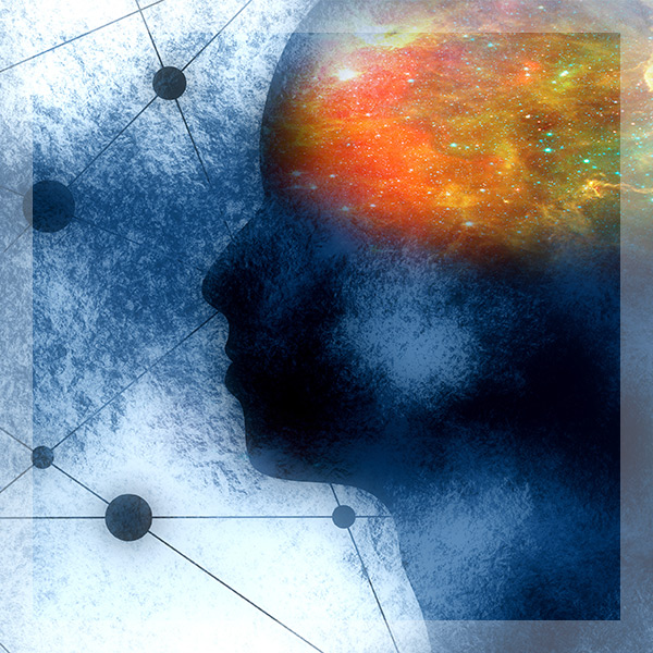 illustration of a silhouette of a person's head with multicolored brain area