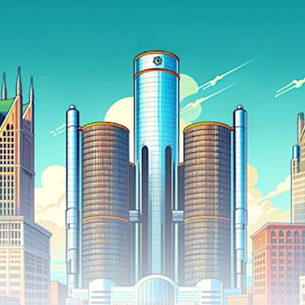 stylized graphic of Detroit skyline