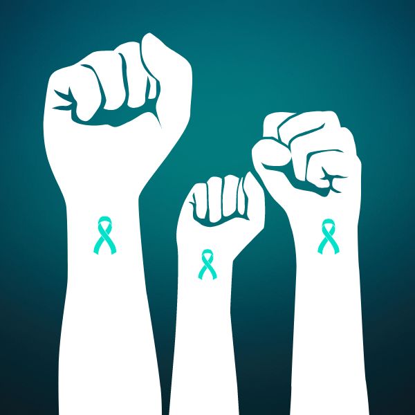 Three raised fists with small green ribbon on the wrist