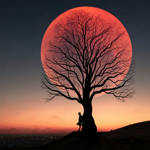 Tree in front of an orange moon overlooking the city