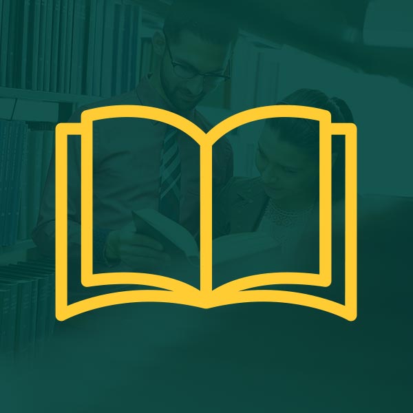 yellow book icon over a green-tinted photo of two students reading a book