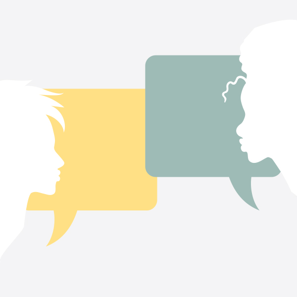 silhouettes of two people's faces in front of green and gold speech bubbles
