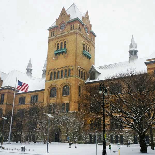 Old Main building covered in snow