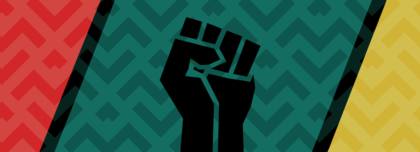 Raised fist over green, red, gold texture