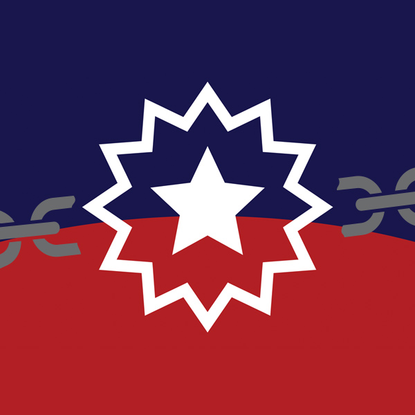 Juneteenth logo: a blue field over a red field with a five-pointed white star in the center surrounded by the white outline of a starburst. To the left and right of the starburst are the broken links of a chain