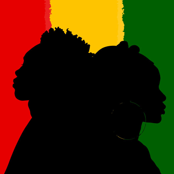 Shaded outline of a Black man and a Black woman standing back to back over horizontal stripes of red, yellow and green