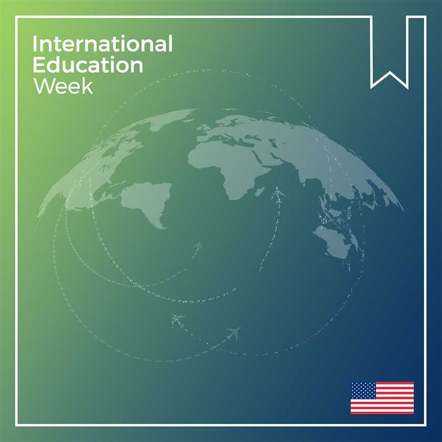 International Education Week logo which includes a globe and arrows circling it and the word explore in the center and a small American flag