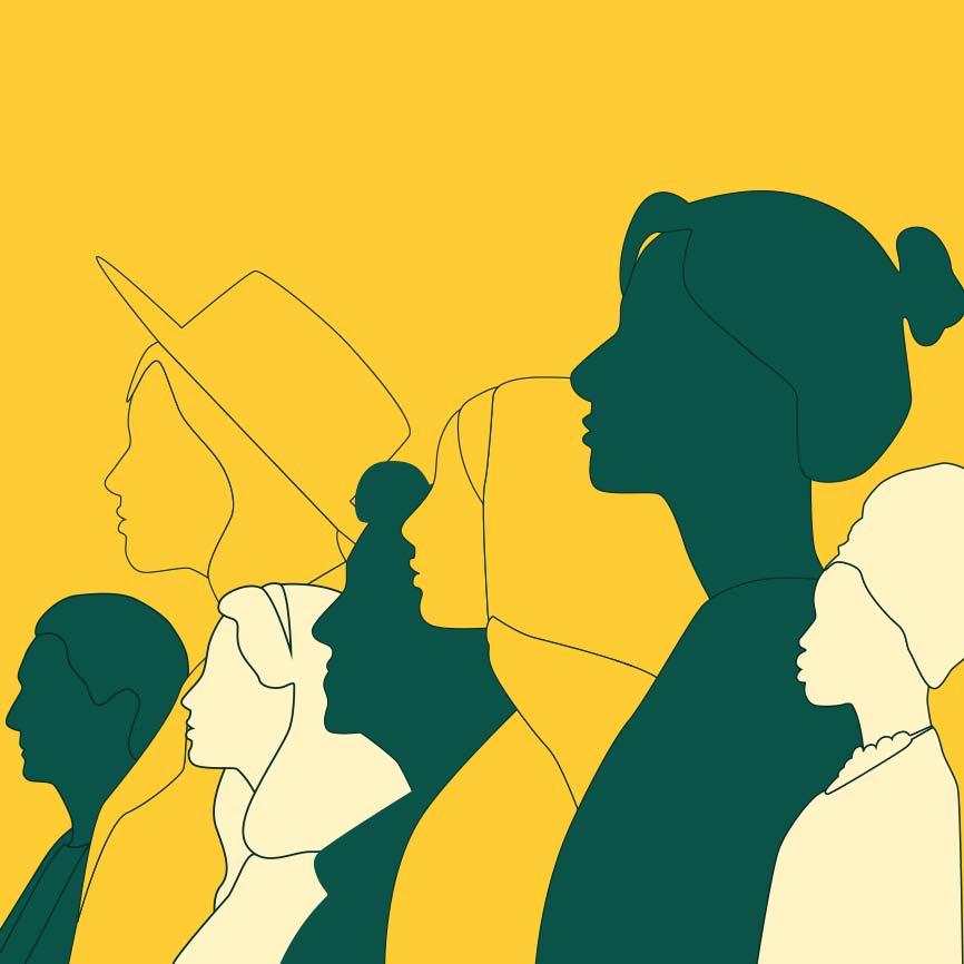 Sketch outlines of diverse women in green and yellow